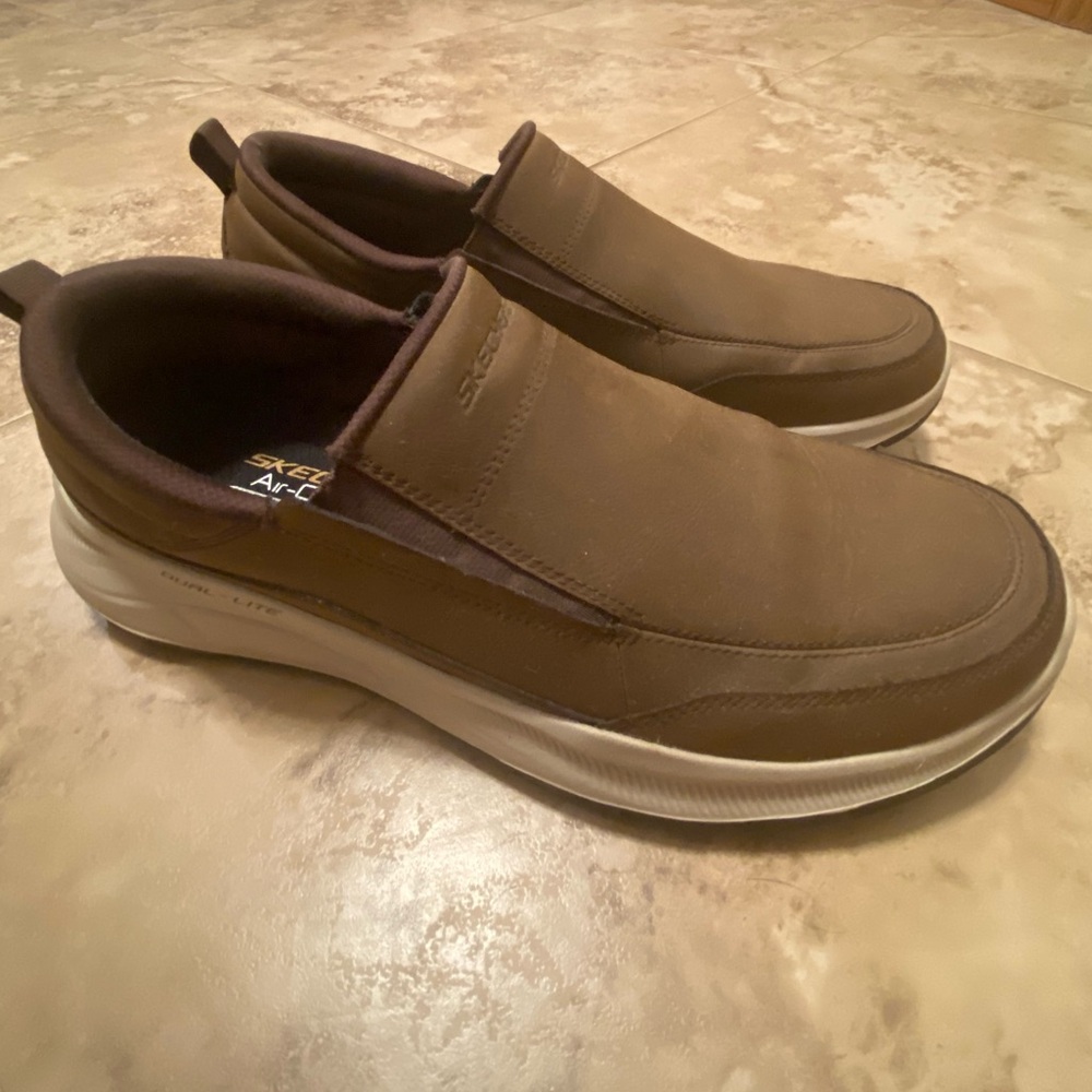 Skechers Sz 11.5 Mens Air Called Relaxed Fit Brown Leather Slip On Shoes…